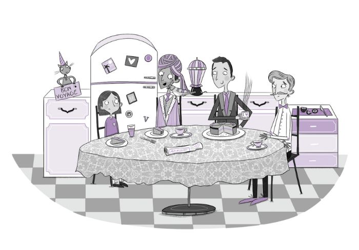 Illustration of family eating dinner by Becka Moor